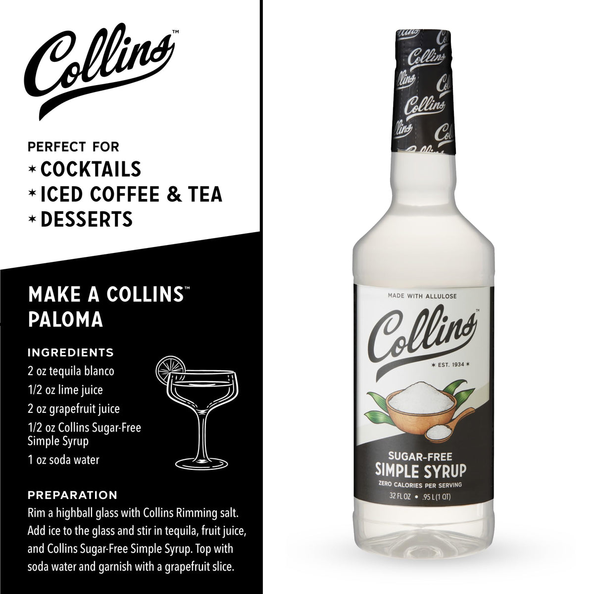 Collins Chicago Sugar Free Simple Syrup label highlights keto-friendly sweetness