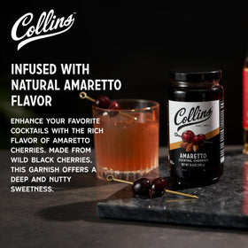 Collins Chicago wild black cherries in amaretto syrup add depth to drinks.