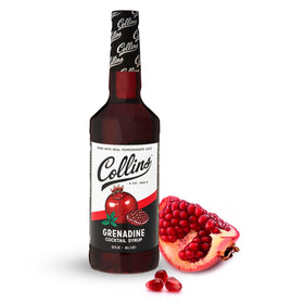 Collins Grenadine bottle pour highlights real pomegranate flavor ideal for cocktails.