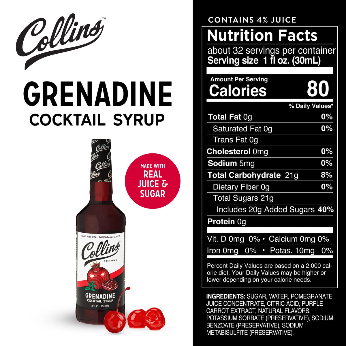 Collins Grenadine ready-to-pour bottle perfect for home bartenders and everyday mixing.