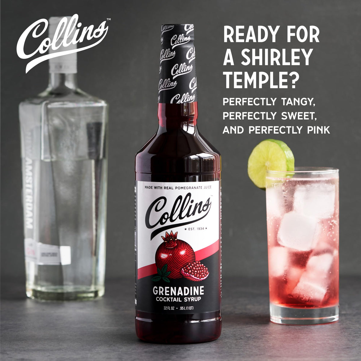 Collins Grenadine real pomegranate juice close-up shows natural juice for vibrant drinks.