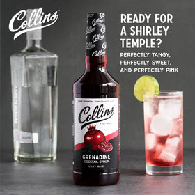 Collins Grenadine real pomegranate juice close-up shows natural juice for vibrant drinks.