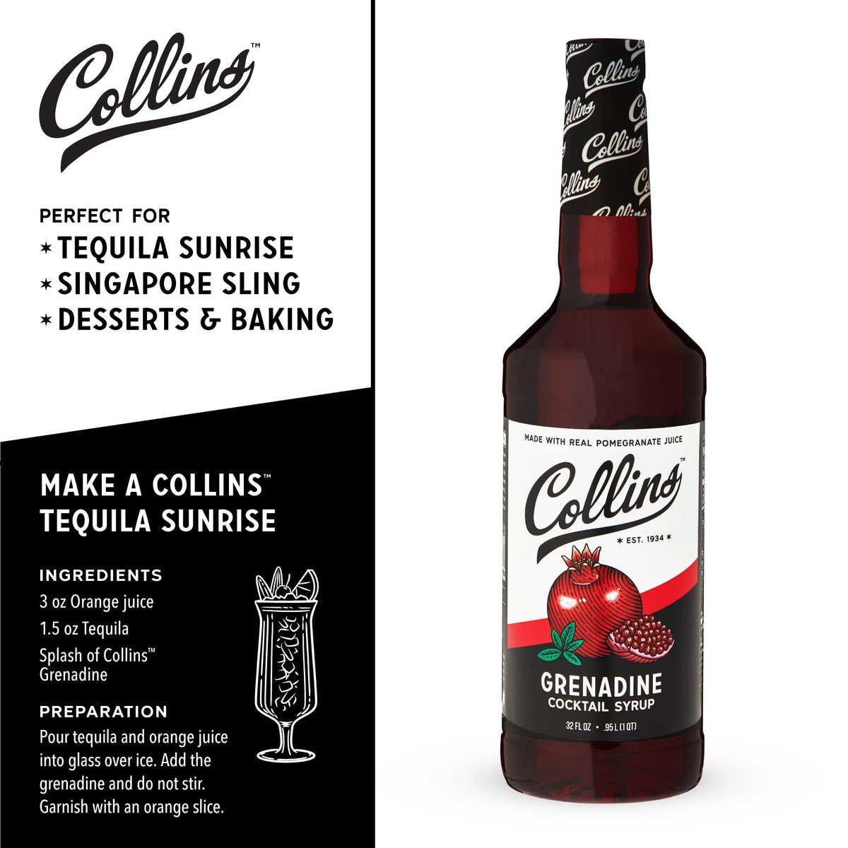 Collins Grenadine real sugar crystals emphasize natural sweetness for balanced cocktails.