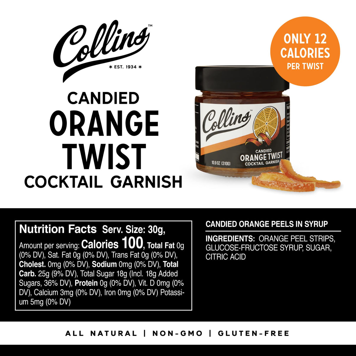 Collins Candied Orange Peel Twist elevates Old Fashioned with bright citrus notes.