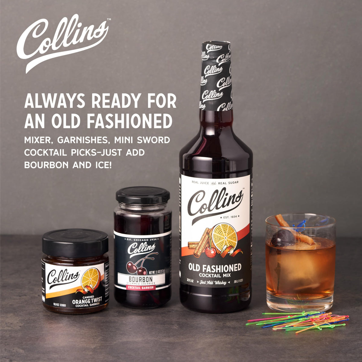 Collins orange twists in syrup brighten whiskey cocktails with a citrus aroma