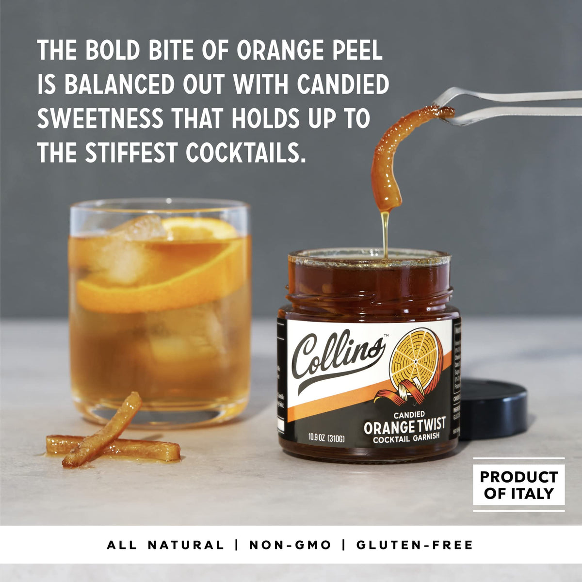 Collins Candied Orange Peel Twist garnish enhances Negroni with citrus aroma and balanced sweetness.