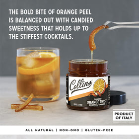 Collins Candied Orange Peel Twist garnish enhances Negroni with citrus aroma and balanced sweetness.