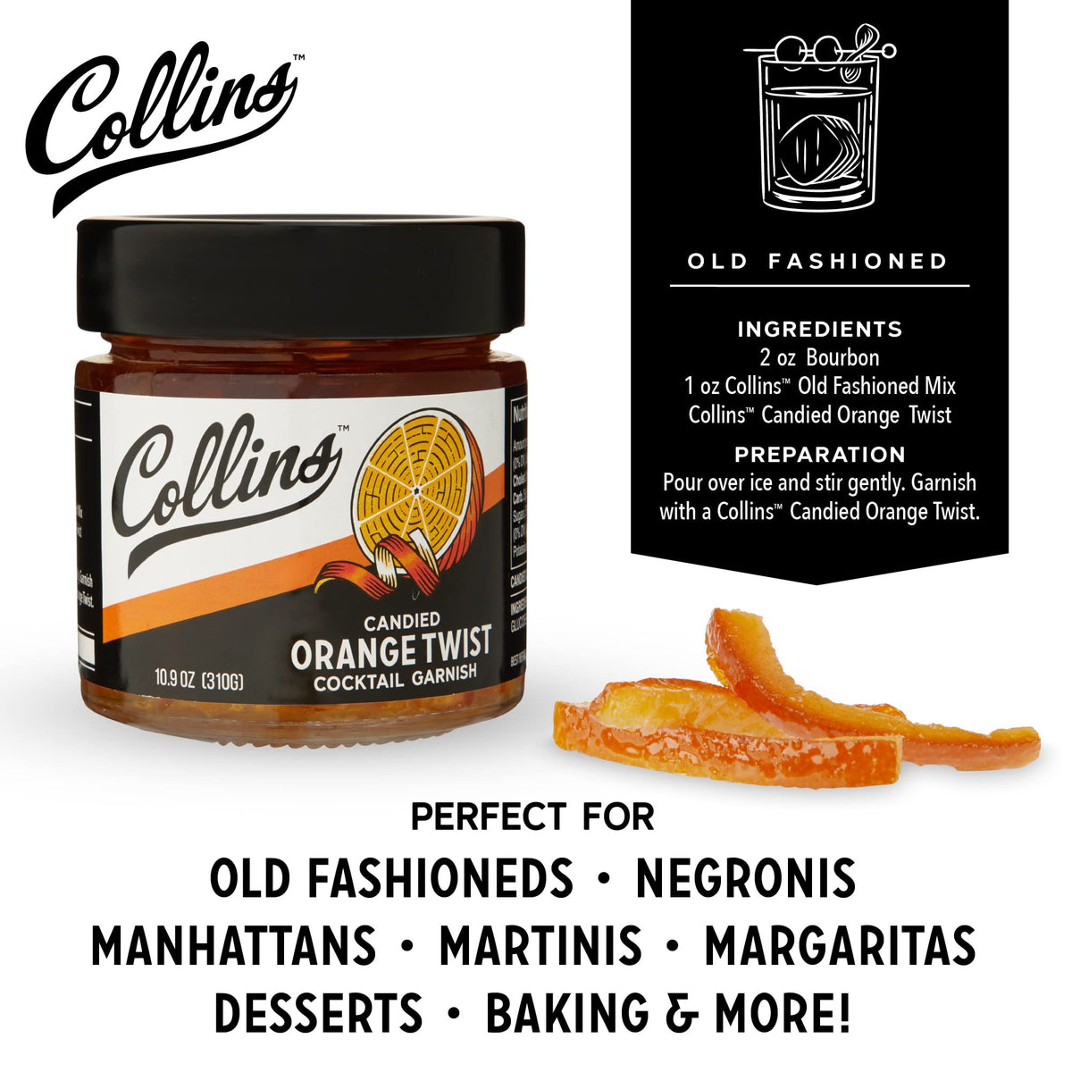 Collins Candied Orange Peel Twist jar close-up showing syrup-soaked citrus ready for use.
