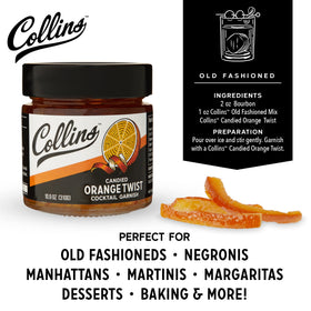 Collins Candied Orange Peel Twist jar close-up showing syrup-soaked citrus ready for use.