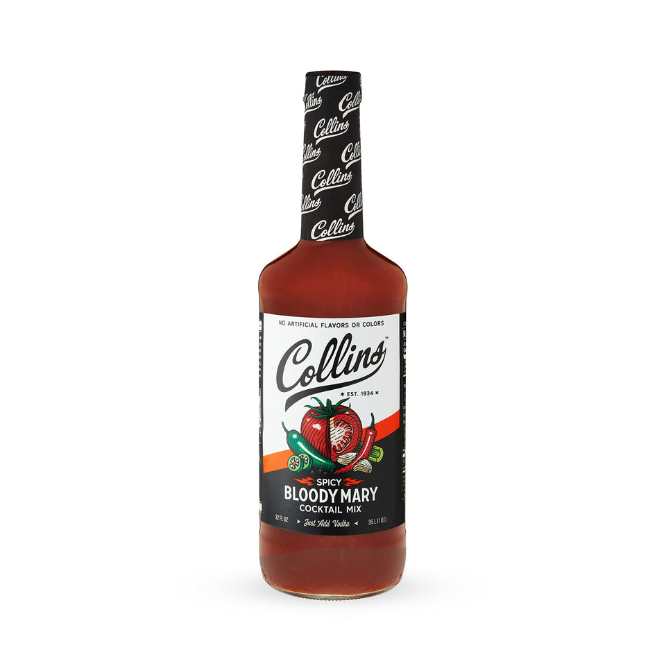 Collins Spicy Bloody Mary mix bottle shows bold tomato flavor for brunch cocktails.