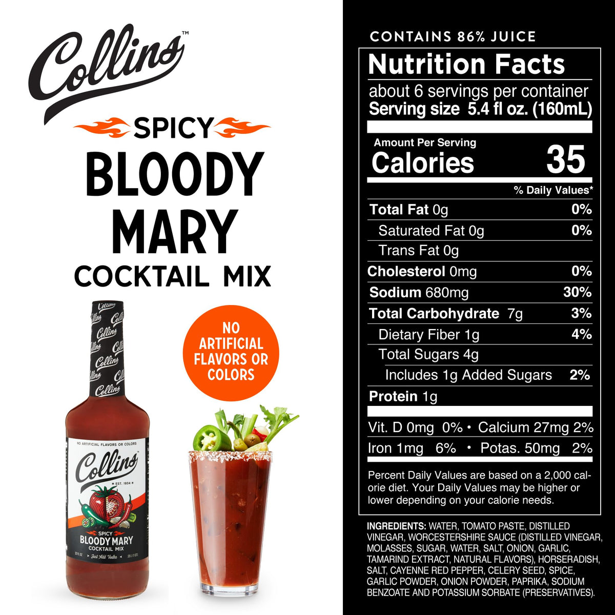 Collins Spicy Bloody Mary mix glass serve for shared gatherings.
