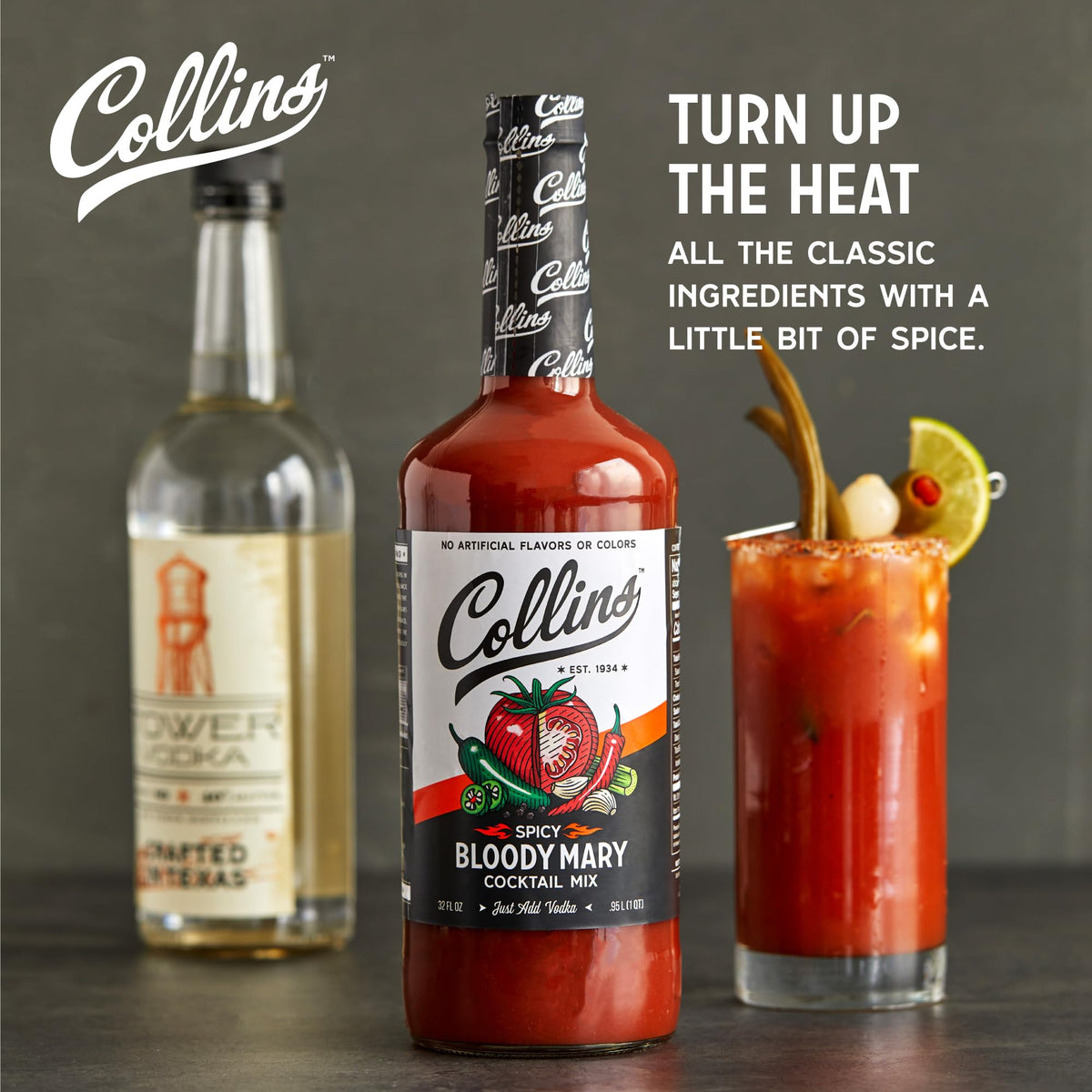 Collins Spicy Bloody Mary mix ingredients highlight horseradish heat and Worcestershire.