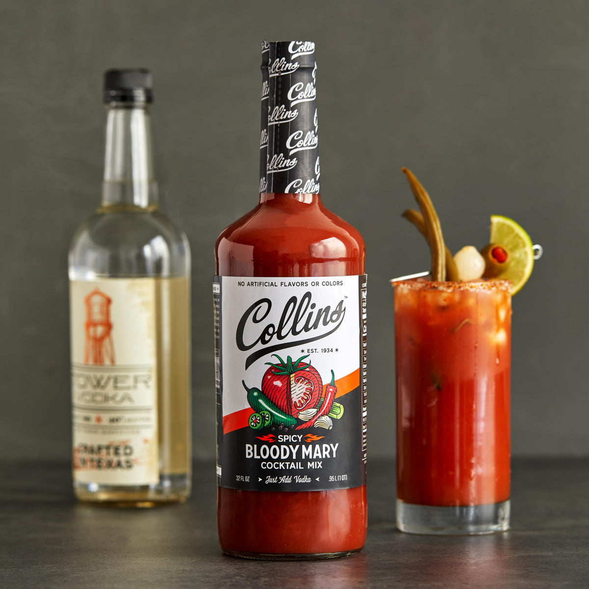 Collins Spicy Bloody Mary mix jar stores easily at home bar.