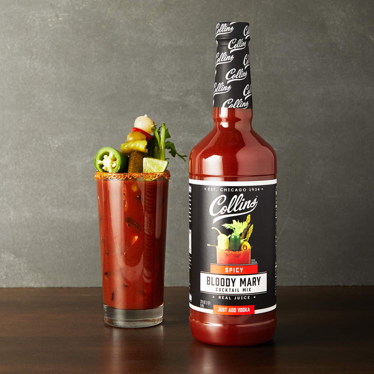 Collins Spicy Bloody Mary mix label with clear mix ratios.