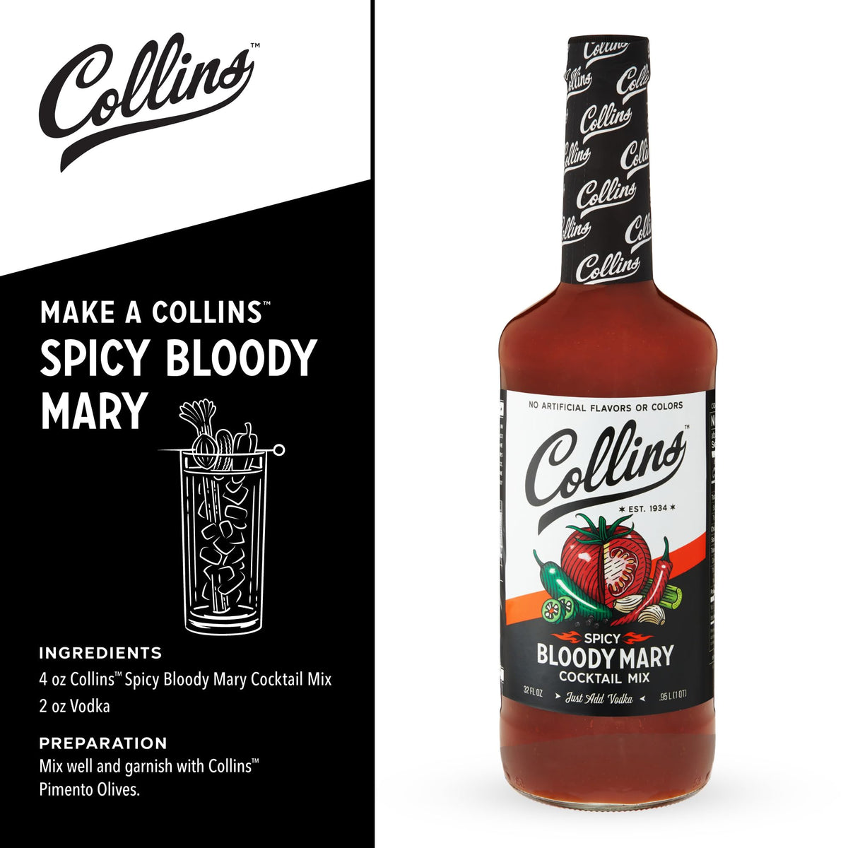 Collins Spicy Bloody Mary mix pour over ice for instant brunch drinks.