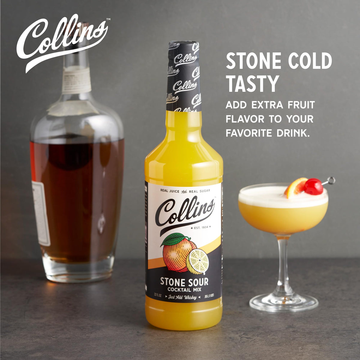 Collins Stone Sour bottle pour shows easy bourbon-based mixing