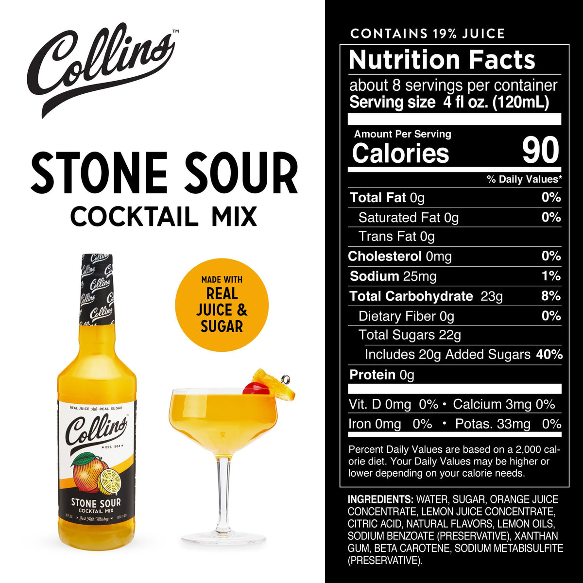 Collins Stone Sour ingredients with orange and lemon juice for natural flavor
