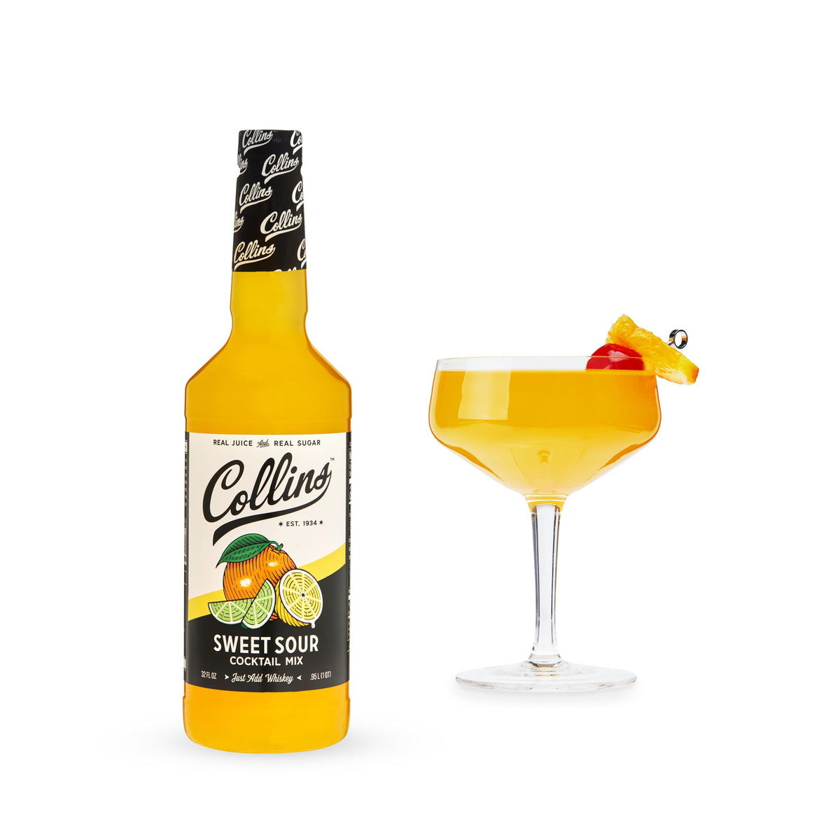 Collins Sweet and Sour mixer bottle front showing real juice ingredients for quality cocktails.