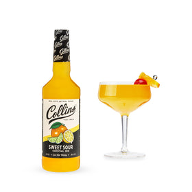 Collins Sweet and Sour mixer bottle front showing real juice ingredients for quality cocktails.