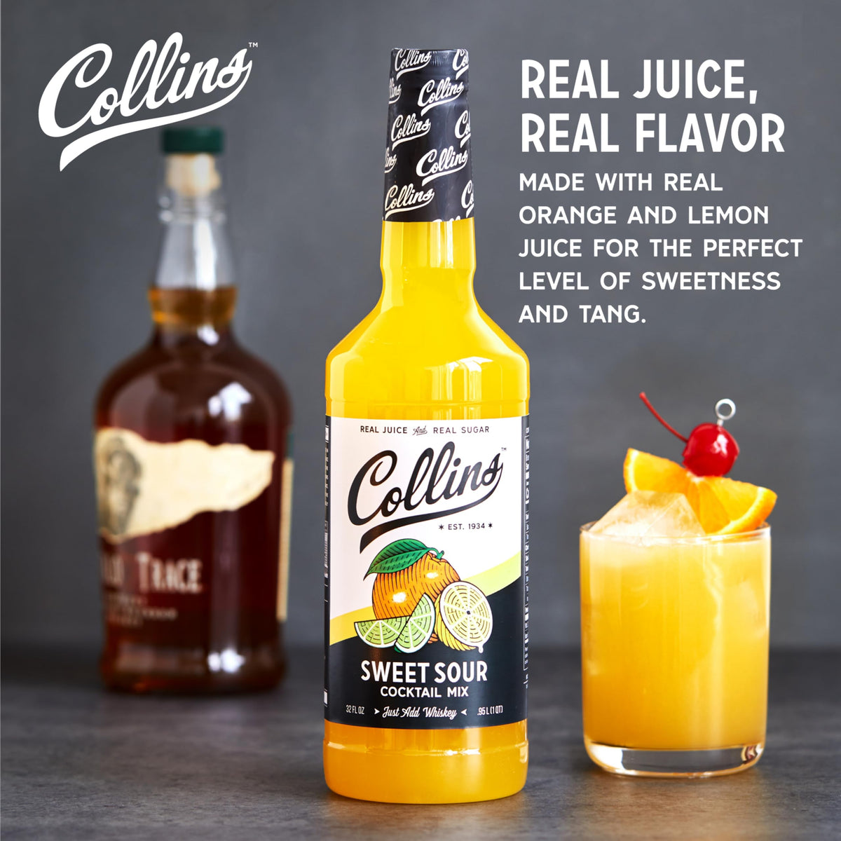 Collins Sweet and Sour bottle ingredients highlight real citrus flavor and purity.