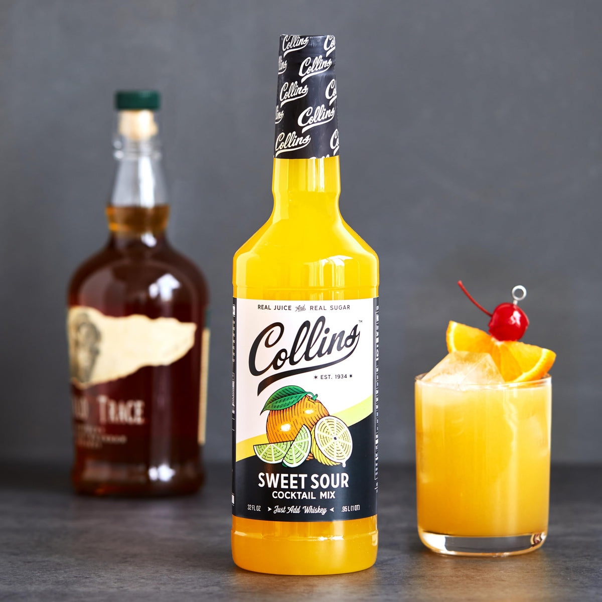 Collins Sweet and Sour glass with vibrant color showing balanced citrus.