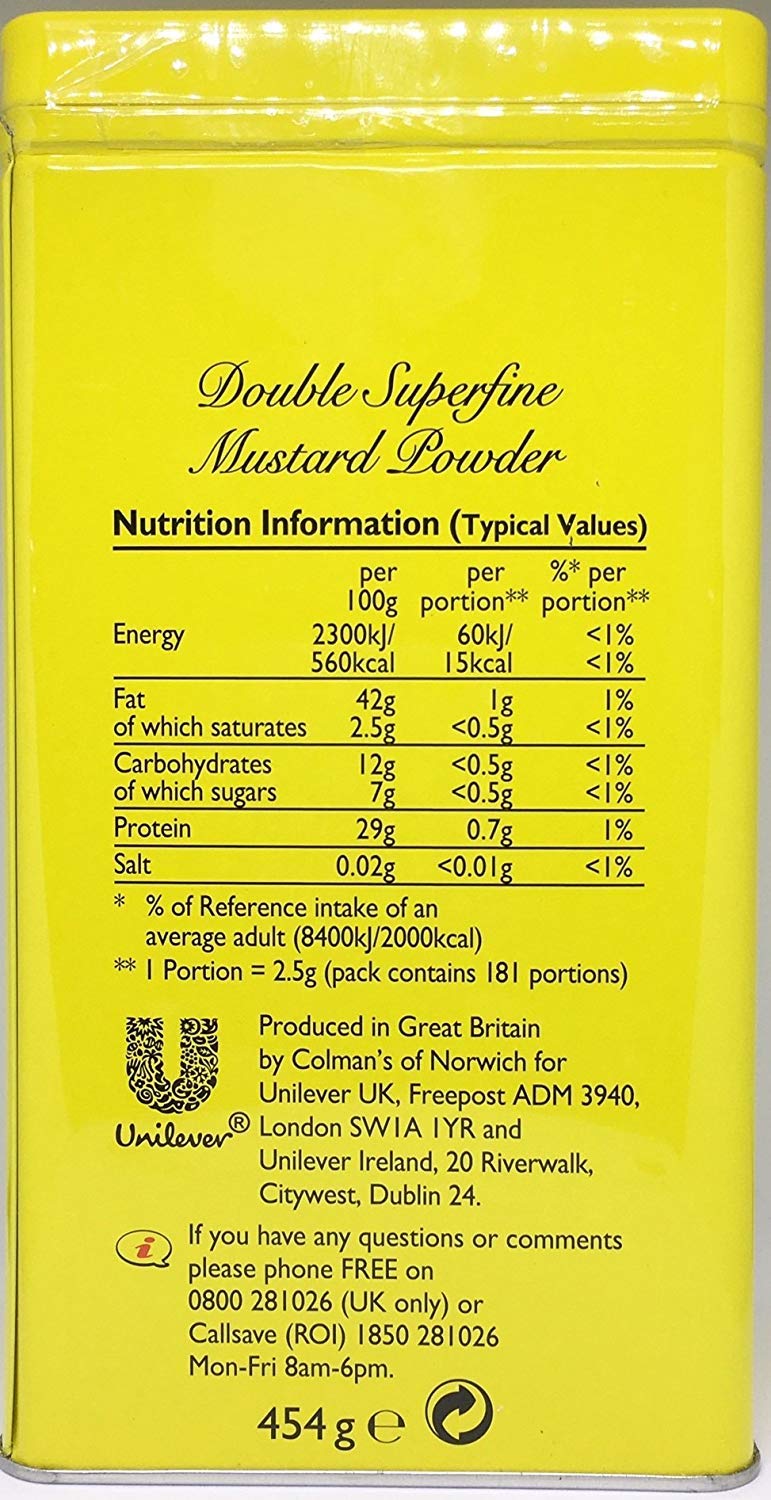 Colman's mustard powder measured with a spoon for fresh, small servings.