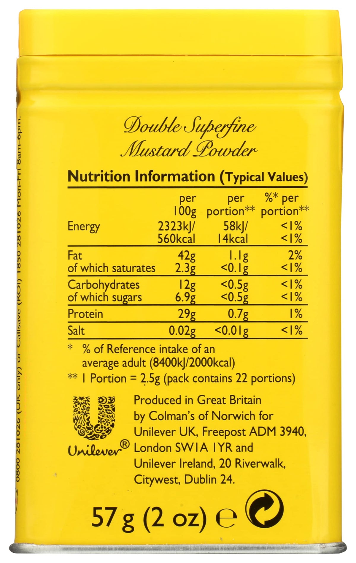 Colman’s dry mustard powder tin close-up showing superfine texture.