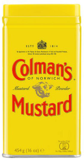 Colman's Dry Mustard Powder in a classic yellow and red tin adds bold flavor to sauces.