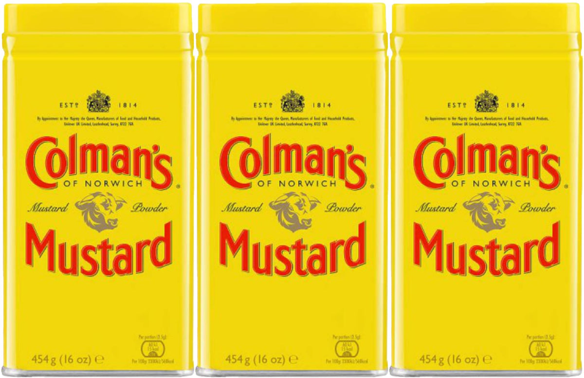Colman's Mustard Powder pack of 3 tins on a shelf, ideal for bulk storage.