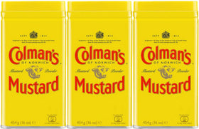 Colman's Mustard Powder pack of 3 tins on a shelf, ideal for bulk storage.