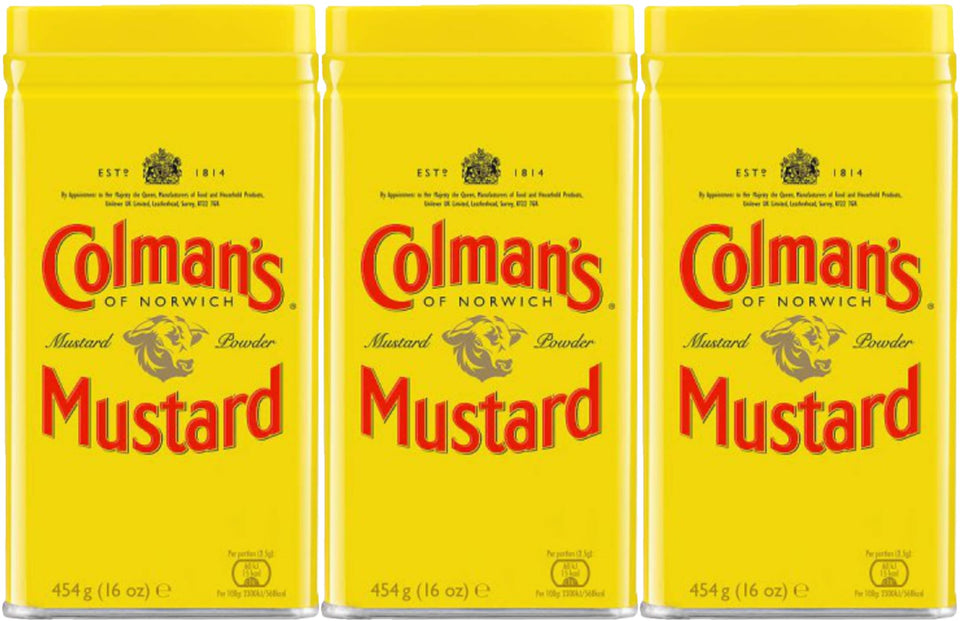 Colman's Mustard Powder pack of 3 tins on a shelf, ideal for bulk storage.