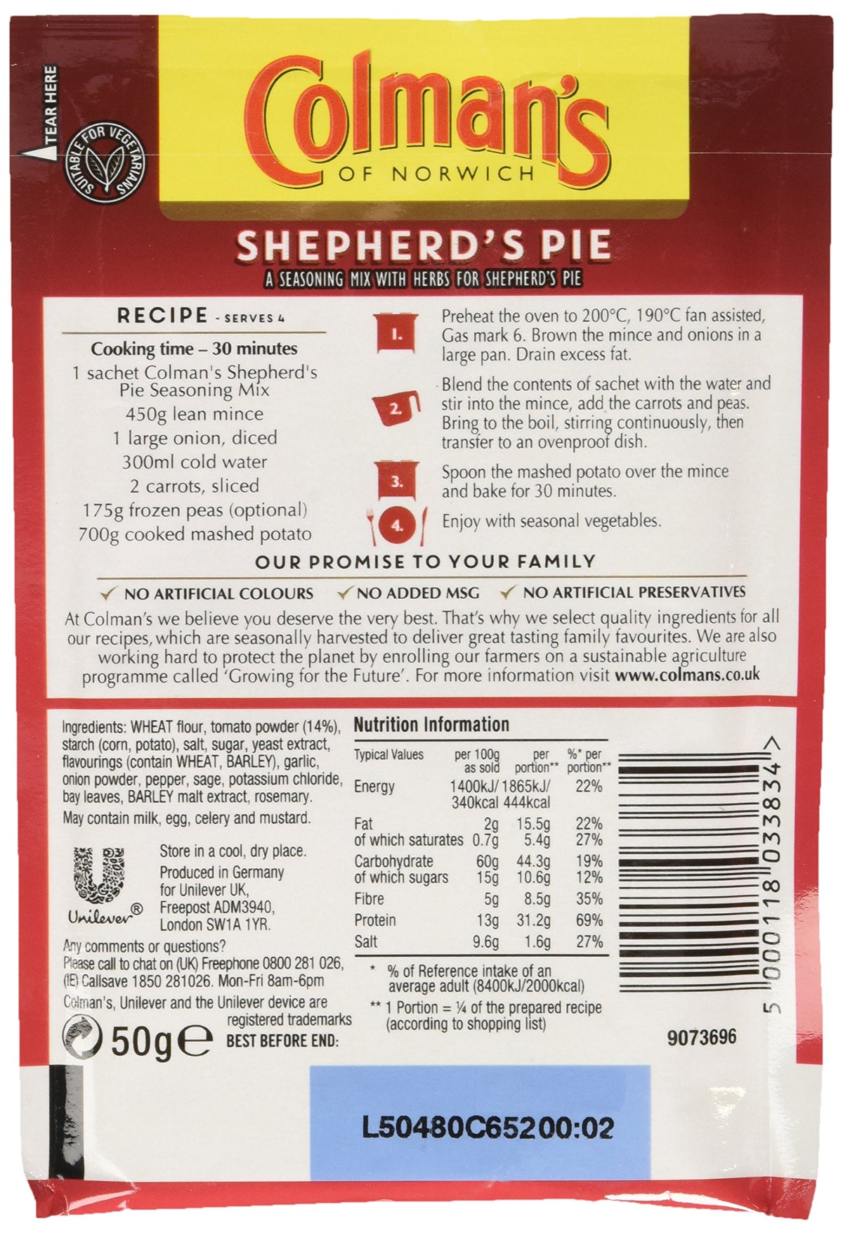 Colman's Shepherd's Pie Mix close-up package highlighting no artificial colours.