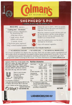Colman's Shepherd's Pie Mix close-up package highlighting no artificial colours.