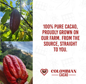 Colombian Cacao farm origin label reinforces farm-grown, additive-free cacao.