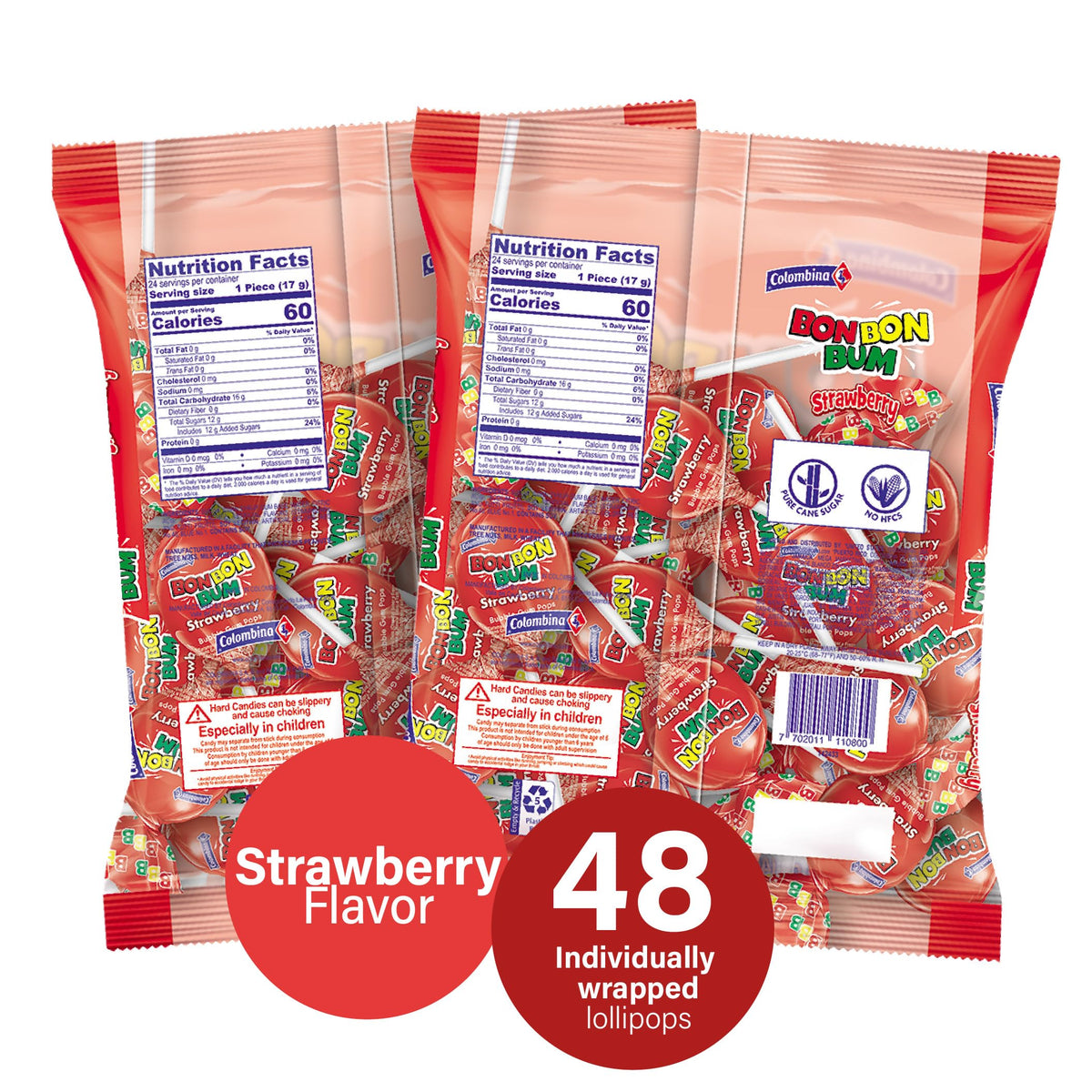 Colombina Bon Bon Bum lollipops with bubble gum center for chewy fun.