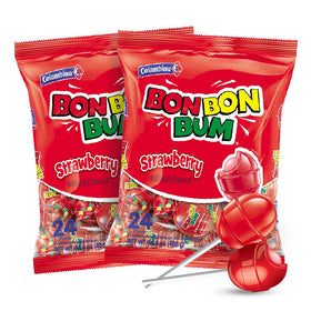 Colombina Bon Bon Bum strawberry lollipops with bold strawberry coating for berry lovers.