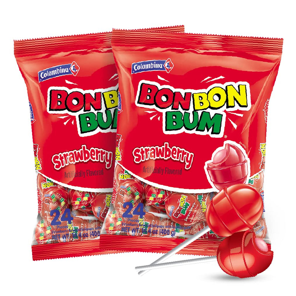 Colombina Bon Bon Bum strawberry lollipops with bold strawberry coating for berry lovers.