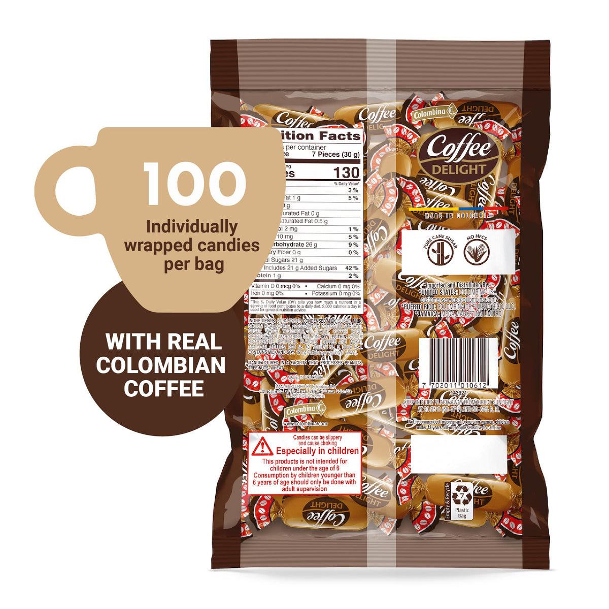 Colombina Coffee Delight Chewy Candy label close-up highlighting gluten-free option for snacks.