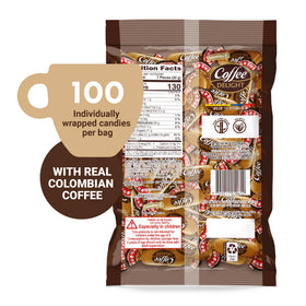 Colombina Coffee Delight Chewy Candy label close-up highlighting gluten-free option for snacks.