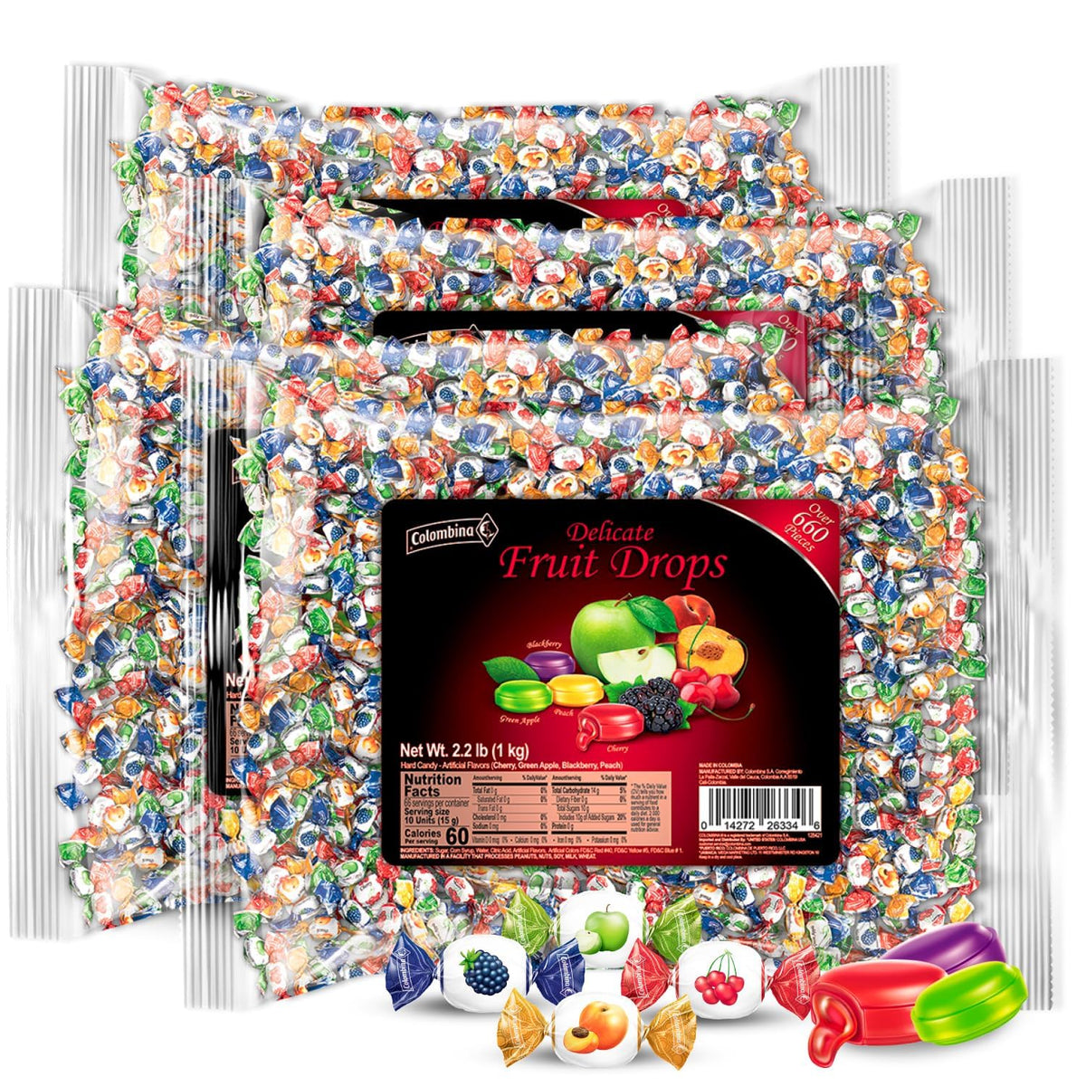 Colombina Delicate Fruit Drops variety pack shown in bright colors for sharing at gatherings.