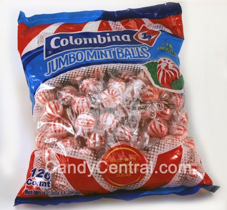 Colombina jumbo mint balls in a red-and-white bag, a refreshing peppermint treat for sharing at parties