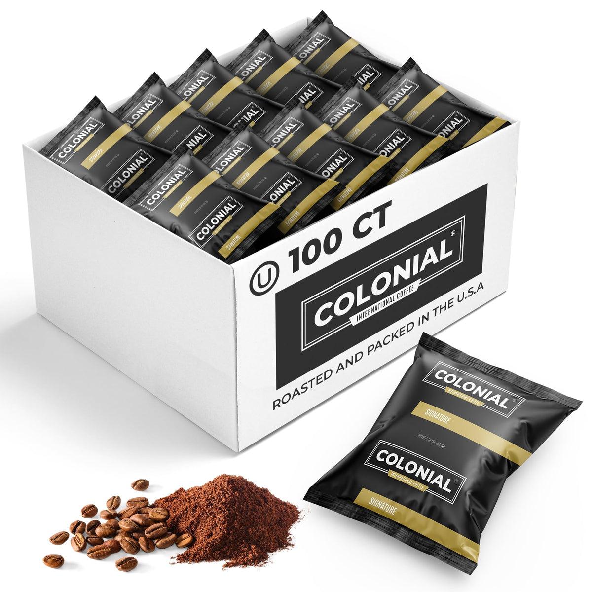 Colonial Coffee 100-count frac packs box front for bulk home or office brewing.