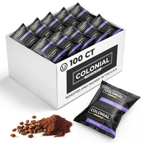 Colonial Coffee 100-count packets for bulk brewing at home or office.