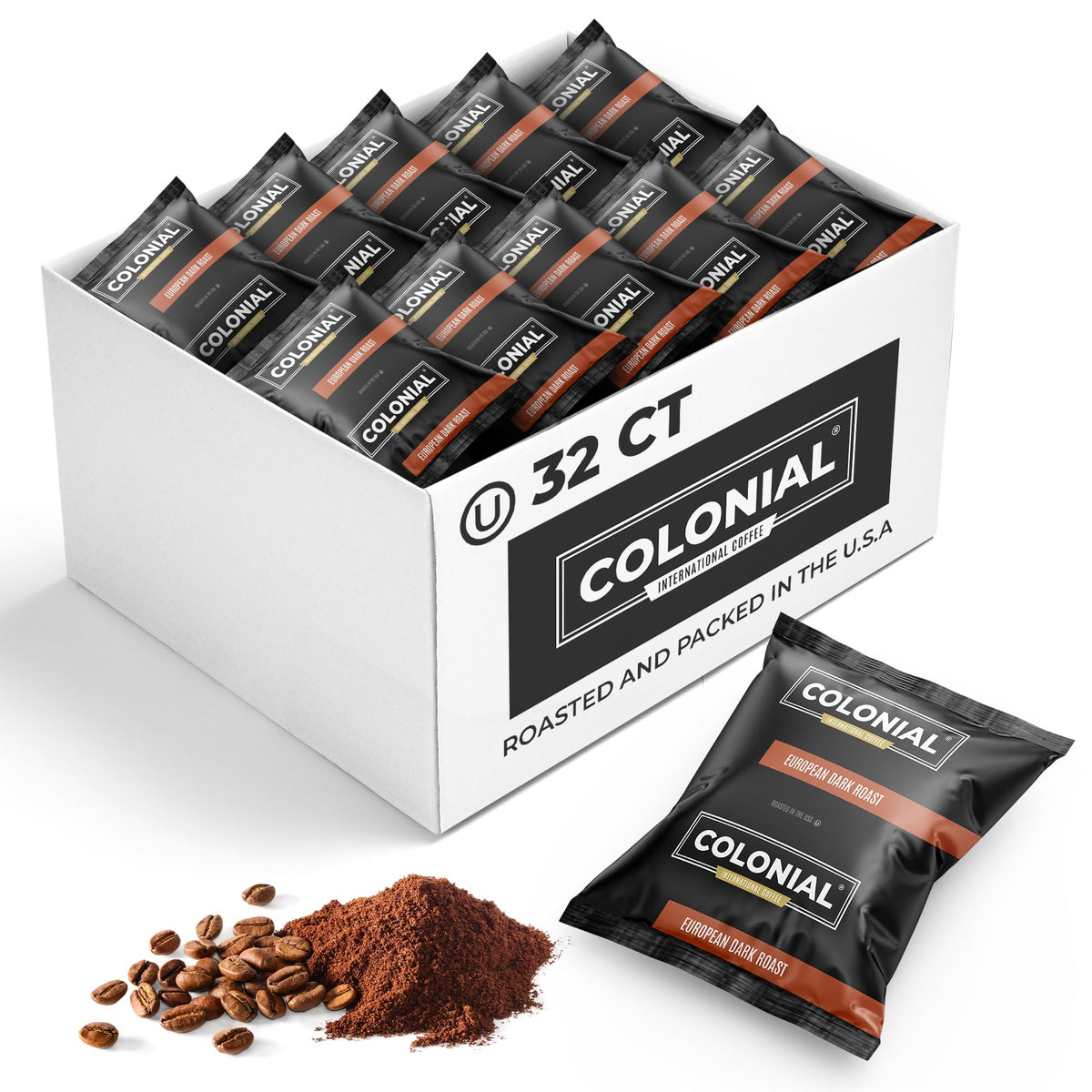 Colonial Coffee packaging box with 32 pre-measured packets for convenient brewing.