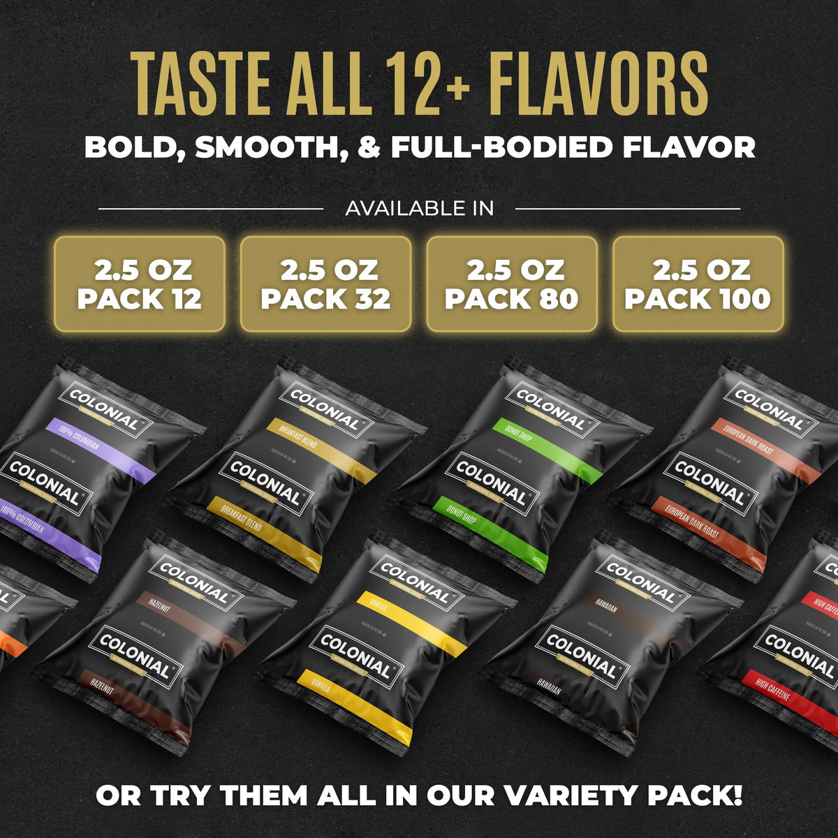 Colonial Coffee value pack box highlighting savings and freshness.