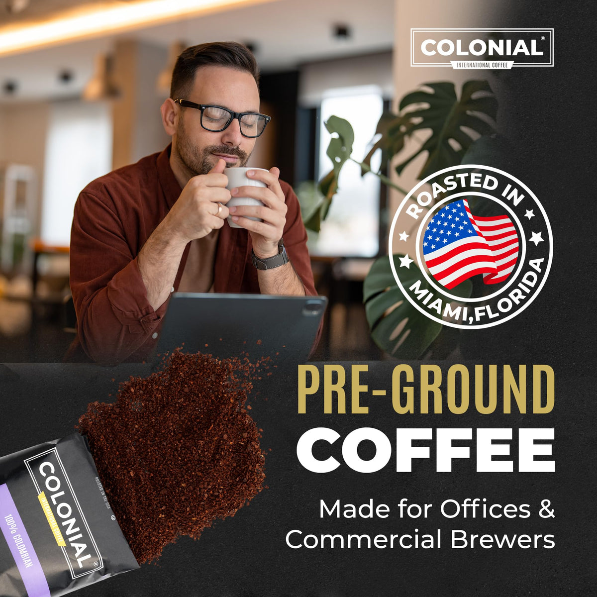 Colonial International Coffee 32-count box close-up highlighting value and freshness.