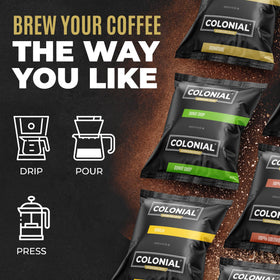 Colonial International Coffee frac pack opening shows pre-measured portions for easy brewing.