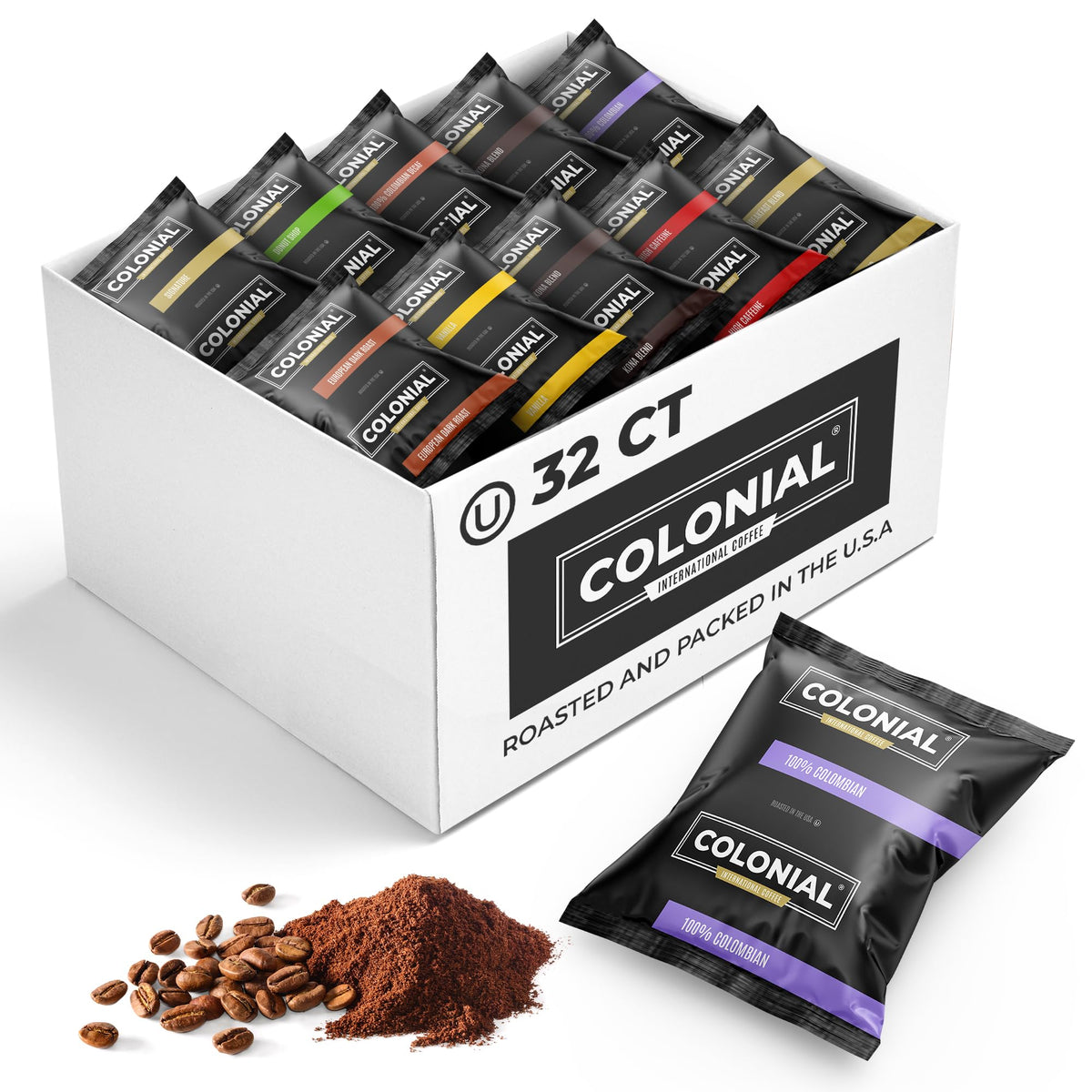 Colonial International Coffee variety pack frac packs for home and office use.