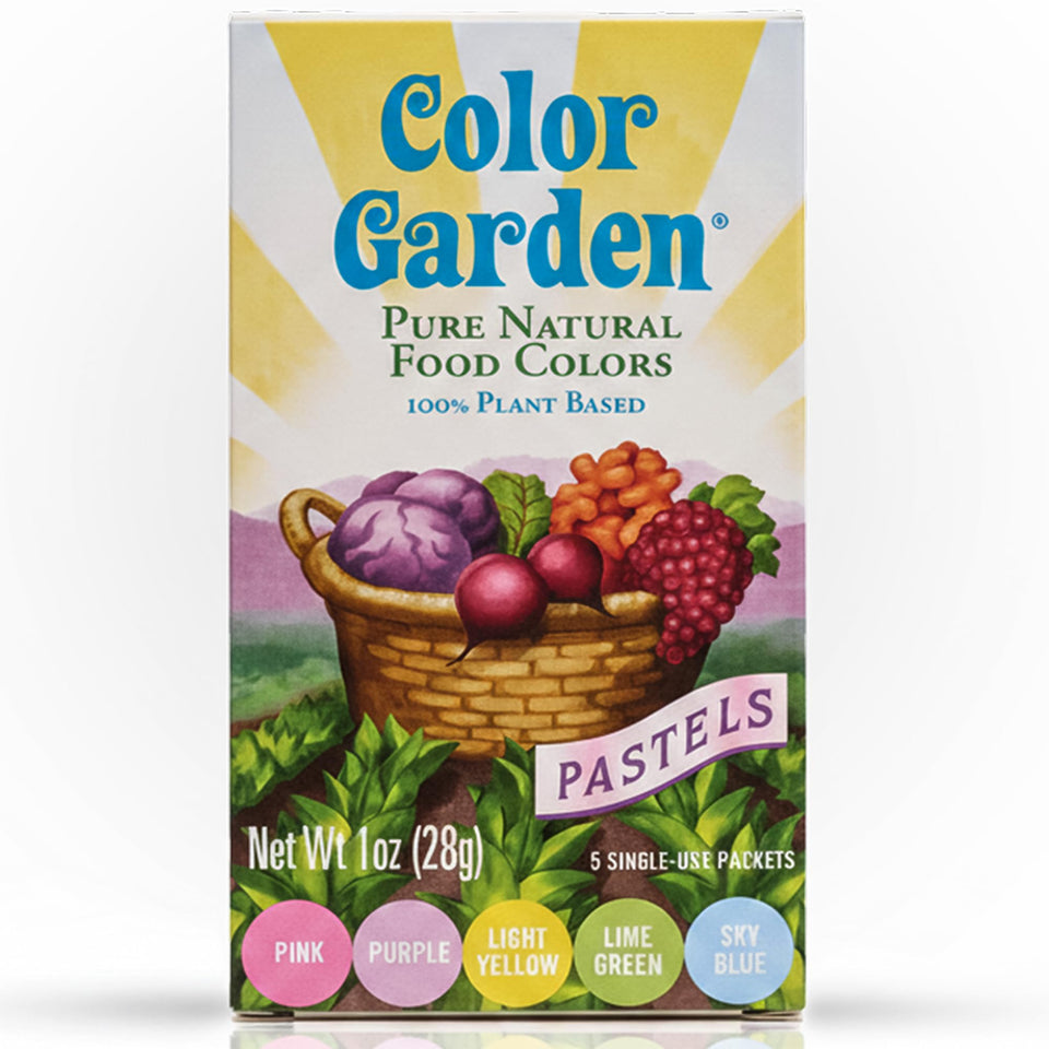 Color Garden pastel color pastels packaging shows plant-based dyes for vibrant, clean baking.