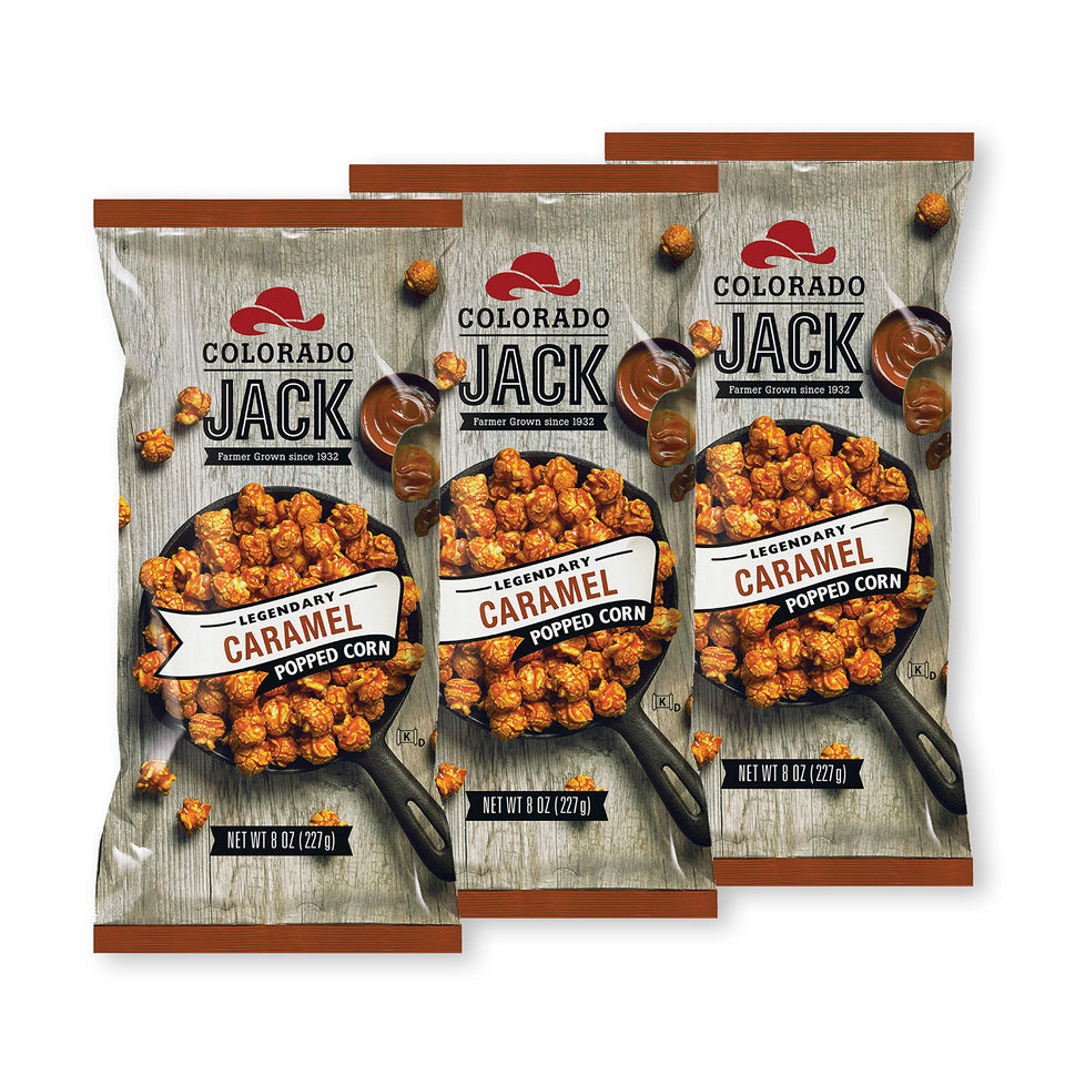 Colorado Jack caramel popcorn with real butter and vanilla; indulgent snack option.